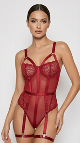 The Amour Noir: Deep Wine Strappy Lace Teddy with Harness Detail DA42